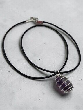 Handmade Amethyst Stone Pendant in Silver Spiral Cage Necklace